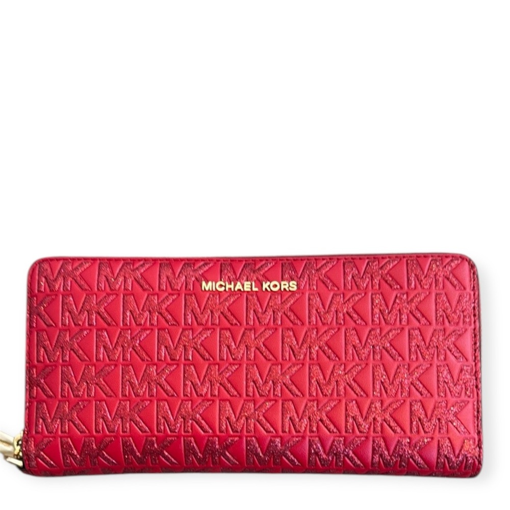 Michael Kors Jet Set Travel Continental Wallet Crimson with glittery MK design